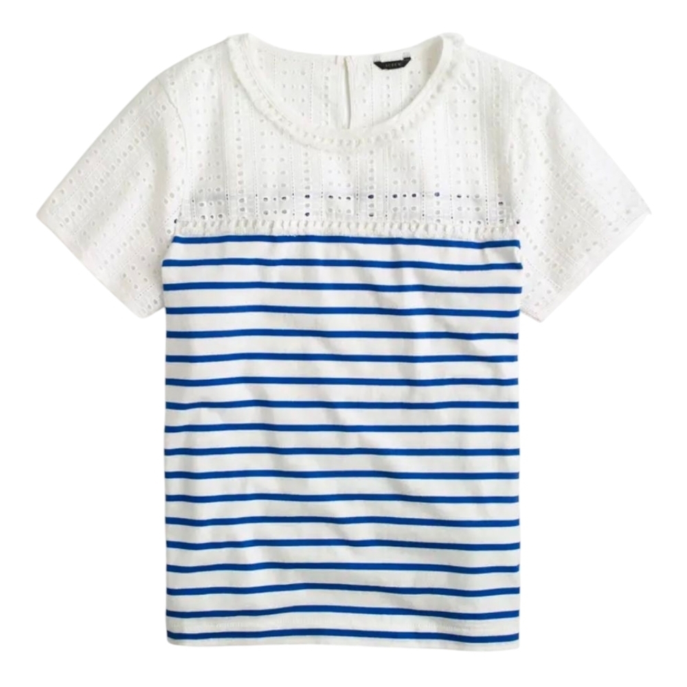 J Crew Blue and White Striped Eyelet Top Size Small